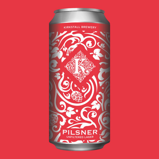 Kirkstall Pilsner 440ml Can On Red Background