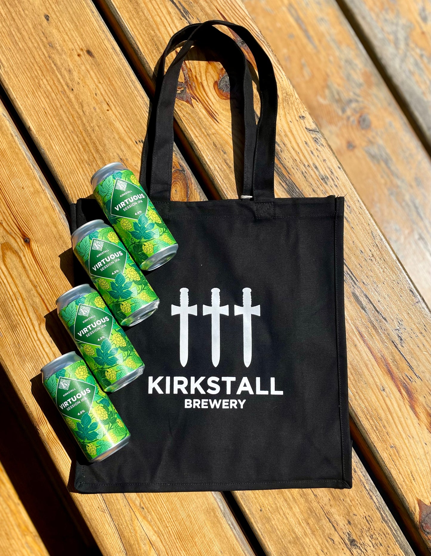 Three Swords heavy duty tote bag and 4 x 440ml cans of Virtuous