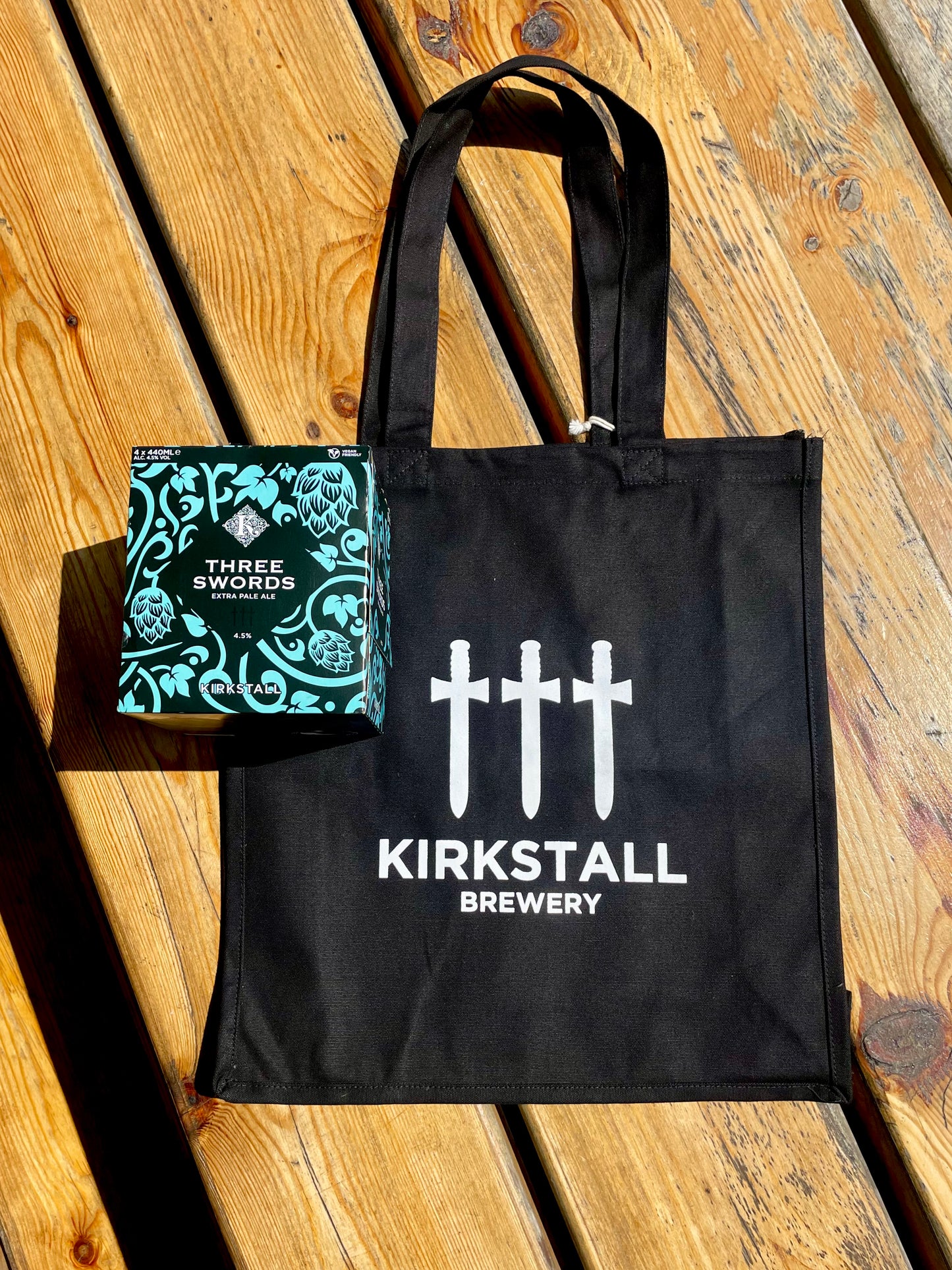 Three swords heavy duty tote bag and 1 x 4 pack of three swords 440ml cans