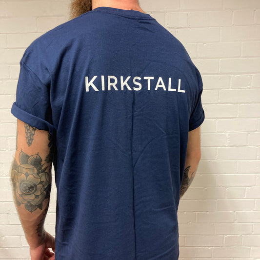 Man Wearing Navy Blue T-Shirt Showing Back Kirkstall Branding 