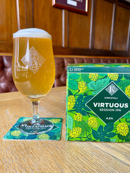 Half Pint Of Virtuous Next To 4 Pack Of 330ml Virtuous Cans On Table